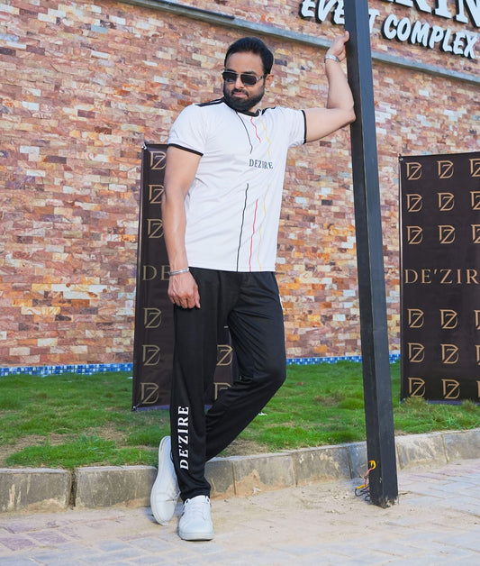 Men's Sporty Contrast Trim Tracksuit Set — White T-Shirt & Black Joggers