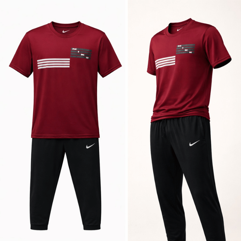 Men's Maroon Graphic Stripe Tracksuit Set — Dri-Fit Tee & Black Jogger Pants
