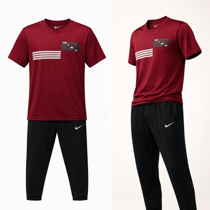 Men's Maroon Graphic Stripe Tracksuit Set — Dri-Fit Tee & Black Jogger Pants