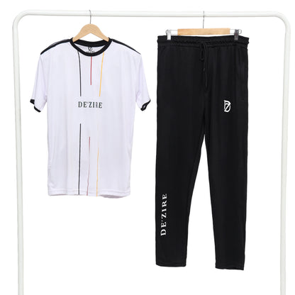 Men's Sporty Contrast Trim Tracksuit Set — White T-Shirt & Black Joggers