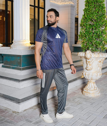 Men's Navy & Grey Colour Block Tracksuit Set — Raglan Sports Tee & Three-Stripe Jogger Pants