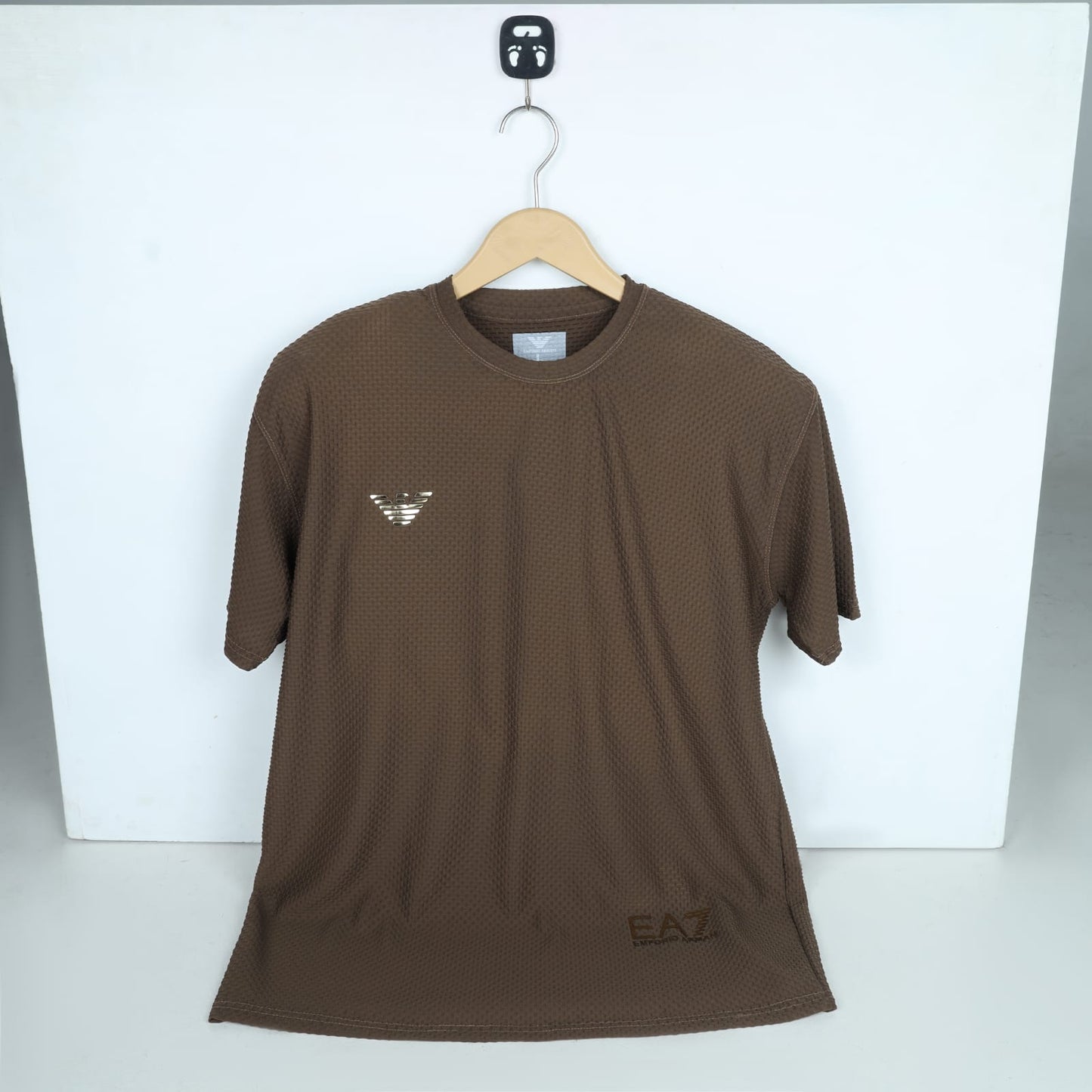 Men's Premium Textured Performance T-Shirt | Chocolate Brown | Gold Emblem | Crew Neck | Dry-Fit Fabric