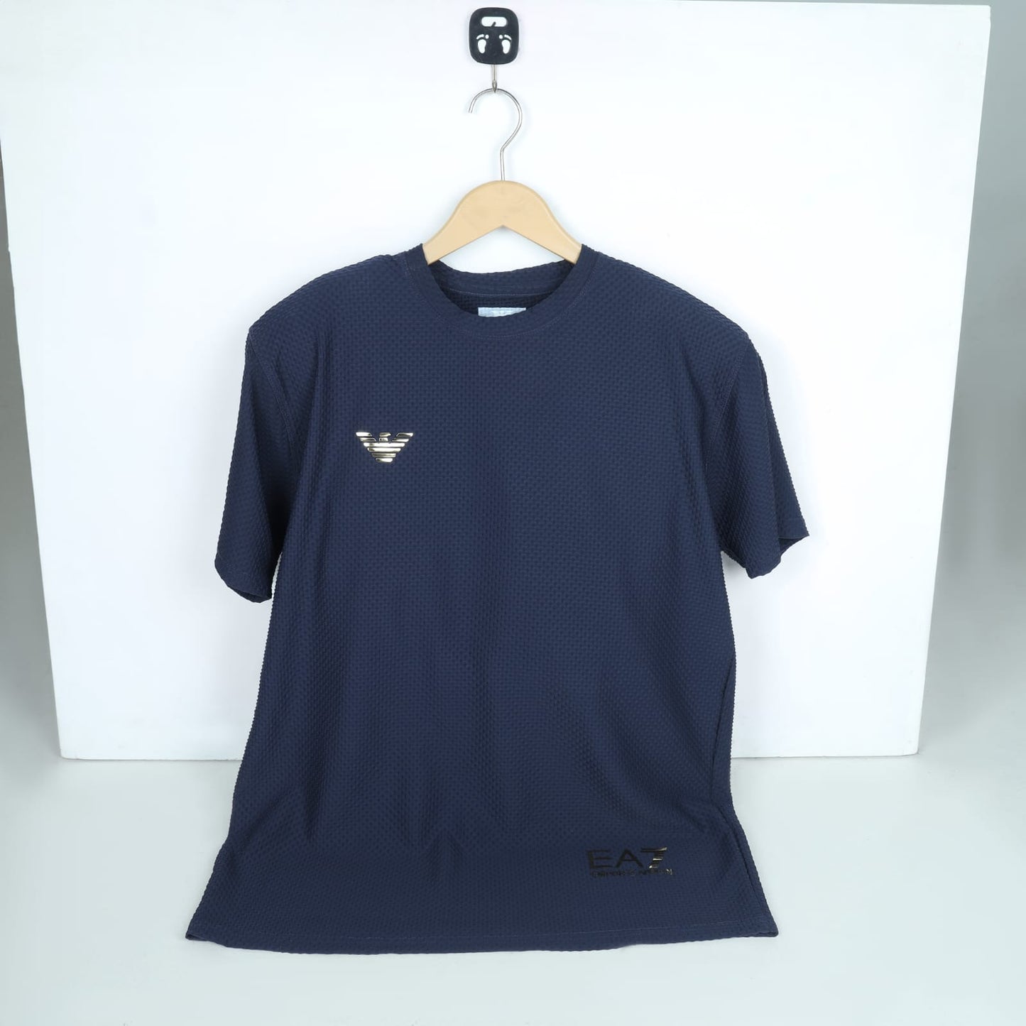 Men's Premium Textured Performance T-Shirt | Navy Blue | Gold Emblem | Crew Neck | Dry-Fit Fabric