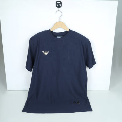 Men's Premium Textured Performance T-Shirt | Navy Blue | Gold Emblem | Crew Neck | Dry-Fit Fabric