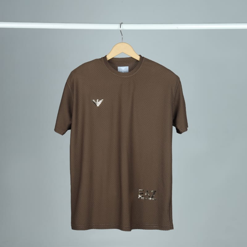 Men's Premium Textured Performance T-Shirt | Chocolate Brown | Gold Emblem | Crew Neck | Dry-Fit Fabric
