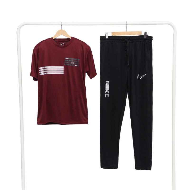 Men's Maroon Graphic Stripe Tracksuit Set — Dri-Fit Tee & Black Jogger Pants