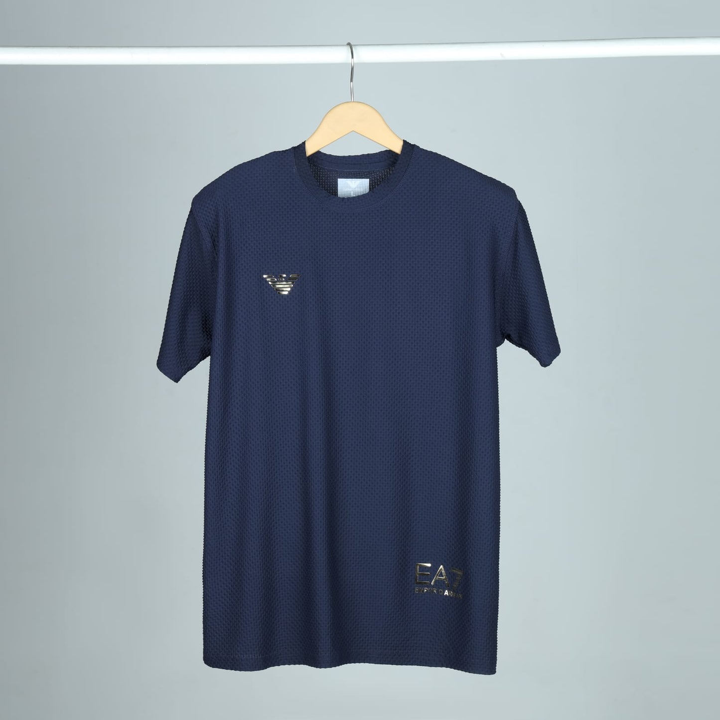 Men's Premium Textured Performance T-Shirt | Navy Blue | Gold Emblem | Crew Neck | Dry-Fit Fabric