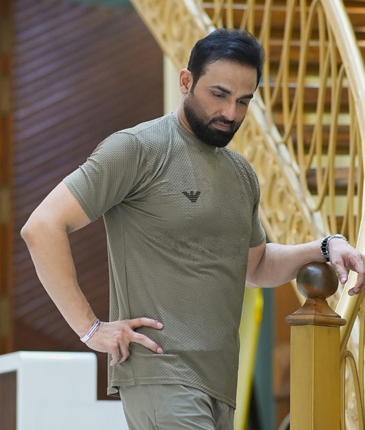 Men's Premium Textured Performance T-Shirt | Olive Green | Crew Neck | Dry-Fit Fabric