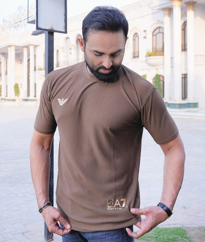 Men's Premium Textured Performance T-Shirt | Chocolate Brown | Gold Emblem | Crew Neck | Dry-Fit Fabric