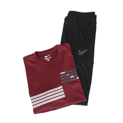 Men's Maroon Graphic Stripe Tracksuit Set — Dri-Fit Tee & Black Jogger Pants