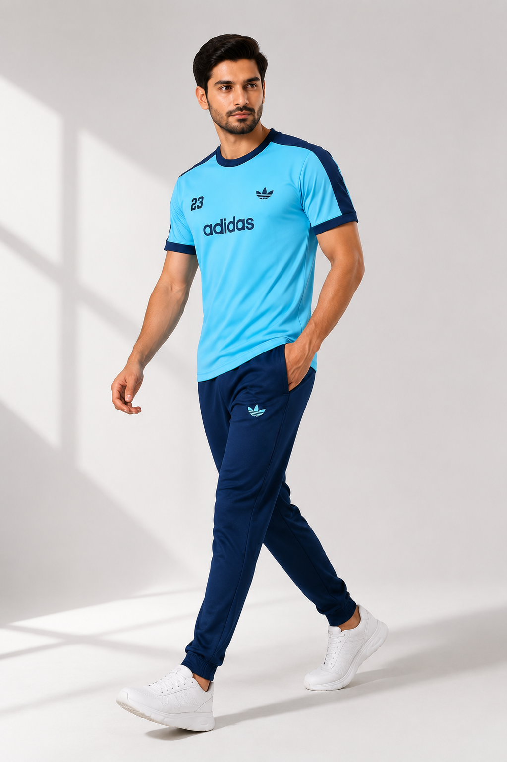 classy look track suit navy blue and steel sky shirt mans active wear performance