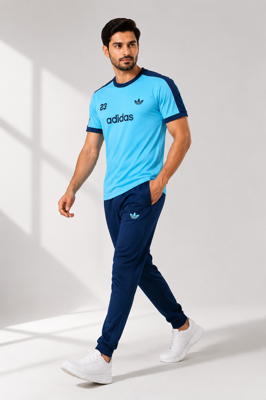 classy look track suit navy blue and steel sky shirt mans active wear performance