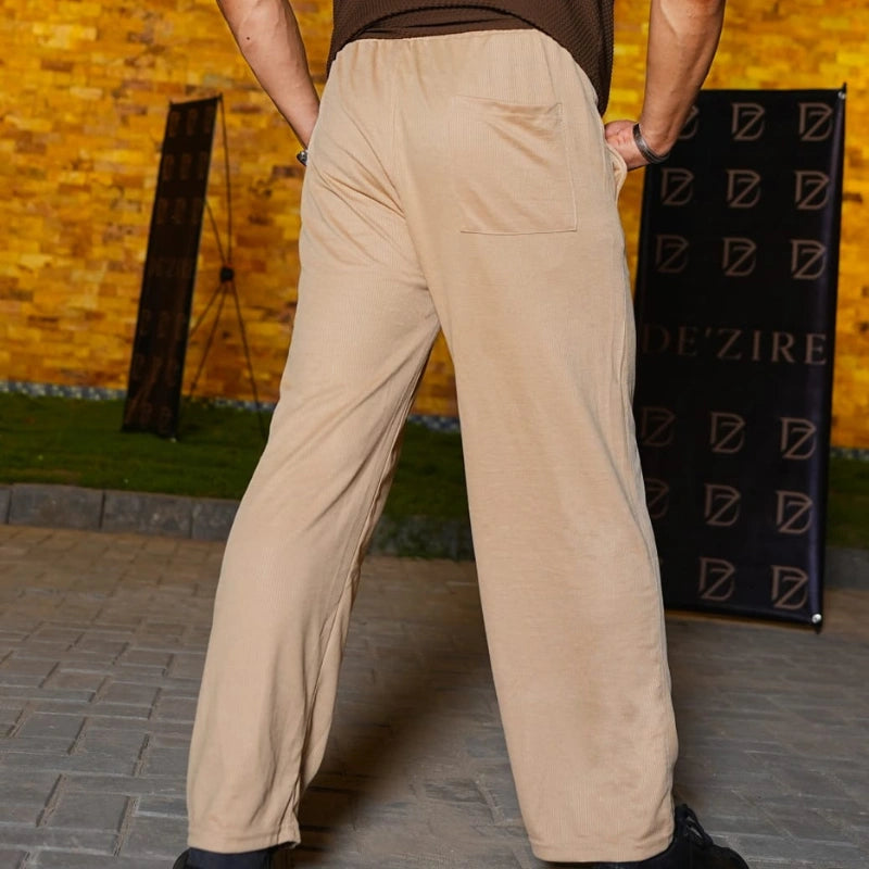 Men's Premium Baggy Wide-Leg Ribbed Trouser | Beige | Relaxed Fit | Soft Textured Fabric