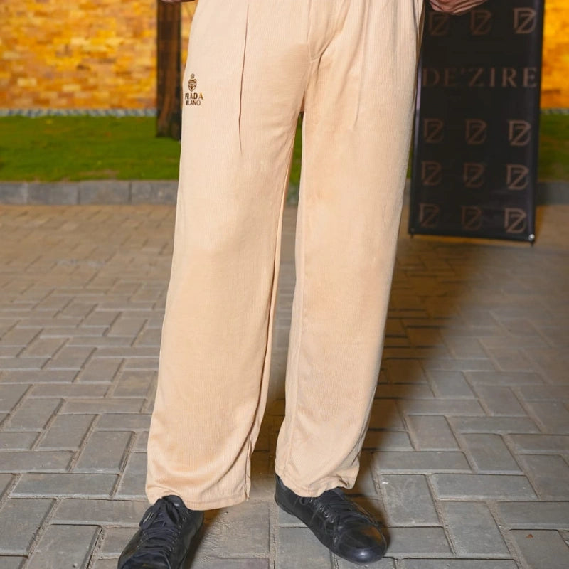 Men's Premium Baggy Wide-Leg Ribbed Trouser | Beige | Relaxed Fit | Soft Textured Fabric