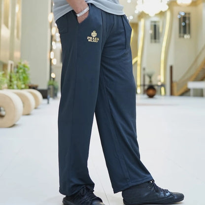 Men's Premium Baggy Wide-Leg Trouser | Navy Blue | Gold Emblem | Relaxed Fit | Soft Fabric