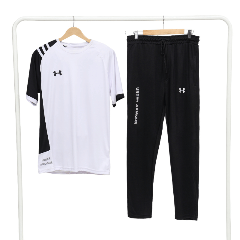 Men's Two-Tone Colour Block Tracksuit Set — White & Black Sports Tee + Slim Jogger Pants
