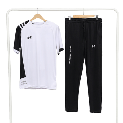 Men's Two-Tone Colour Block Tracksuit Set — White & Black Sports Tee + Slim Jogger Pants