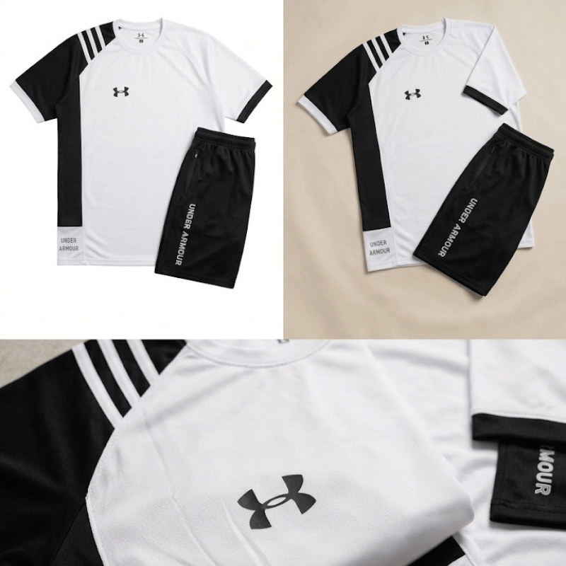 Men's Two-Tone Colour Block Tracksuit Set — White & Black Sports Tee + Slim Jogger Pants