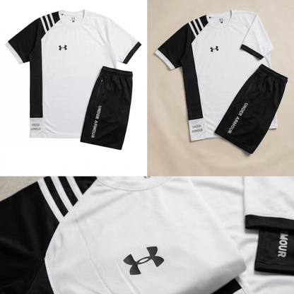 Men's Two-Tone Colour Block Tracksuit Set — White & Black Sports Tee + Slim Jogger Pants