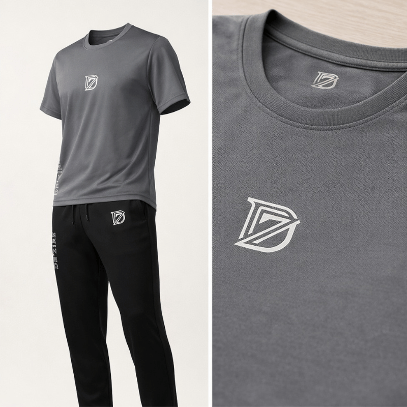 Men's Grey & Black Sporty Tracksuit Set — Graphic Logo Tee & Slim Jogger Pants