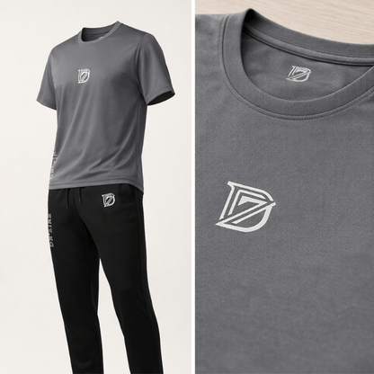 Men's Grey & Black Sporty Tracksuit Set — Graphic Logo Tee & Slim Jogger Pants