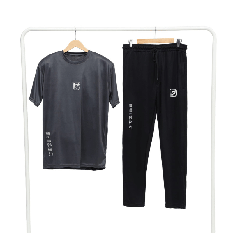 Men's Grey & Black Sporty Tracksuit Set — Graphic Logo Tee & Slim Jogger Pants