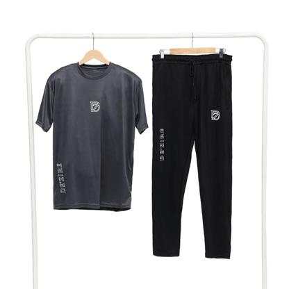 Men's Grey & Black Sporty Tracksuit Set — Graphic Logo Tee & Slim Jogger Pants