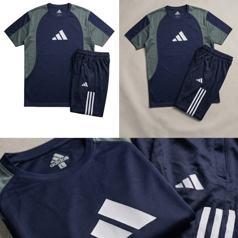 Men's Navy & Grey Colour Block Tracksuit Set — Raglan Sports Tee & Three-Stripe Jogger Pants