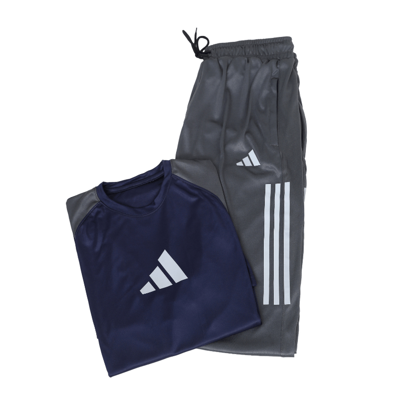 Men's Navy & Grey Colour Block Tracksuit Set — Raglan Sports Tee & Three-Stripe Jogger Pants