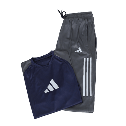 Men's Navy & Grey Colour Block Tracksuit Set — Raglan Sports Tee & Three-Stripe Jogger Pants