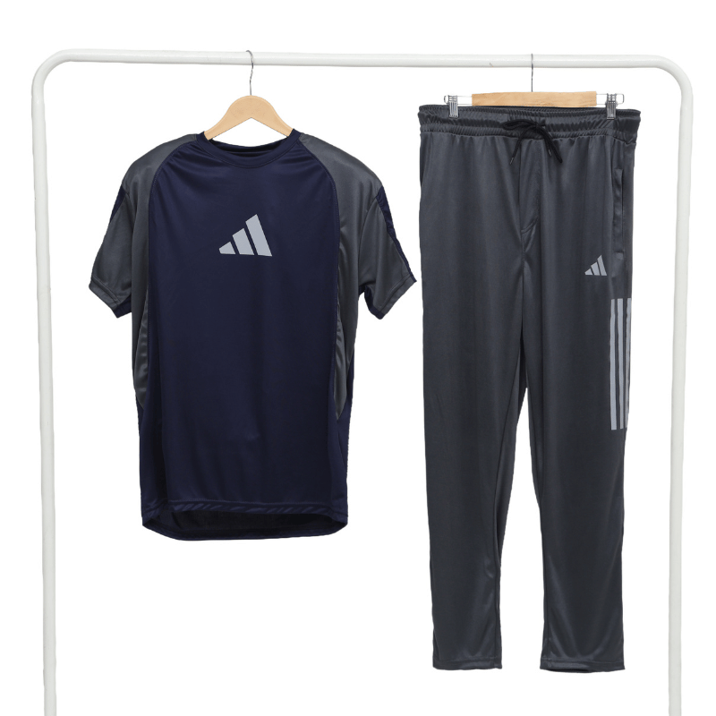 Men's Navy & Grey Colour Block Tracksuit Set — Raglan Sports Tee & Three-Stripe Jogger Pants