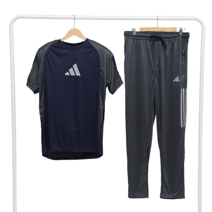 Men's Navy & Grey Colour Block Tracksuit Set — Raglan Sports Tee & Three-Stripe Jogger Pants