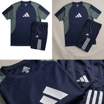 Men's Summer Sports Co-ord Set — Navy Colour Block Raglan Tee & Matching Athletic Shorts