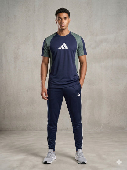 Men's Summer Sports Co-ord Set — Navy Colour Block Raglan Tee & Matching Athletic Shorts