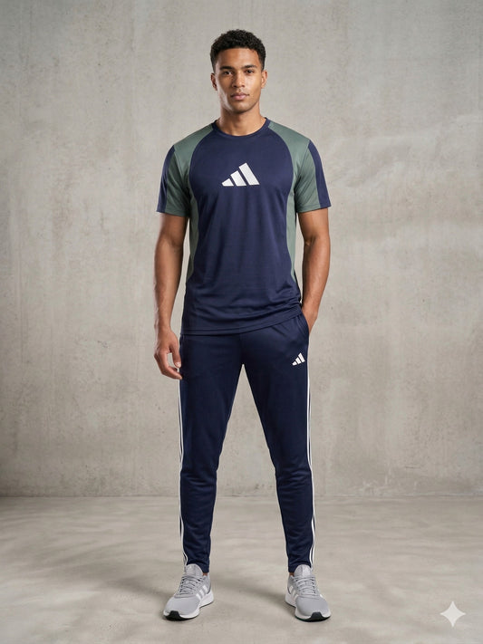 Men's Summer Sports Co-ord Set — Navy Colour Block Raglan Tee & Matching Athletic Shorts
