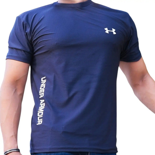 Men's Athletic Performance T-Shirt – Navy Blue | Textured Mesh Slim Fit Training Tee