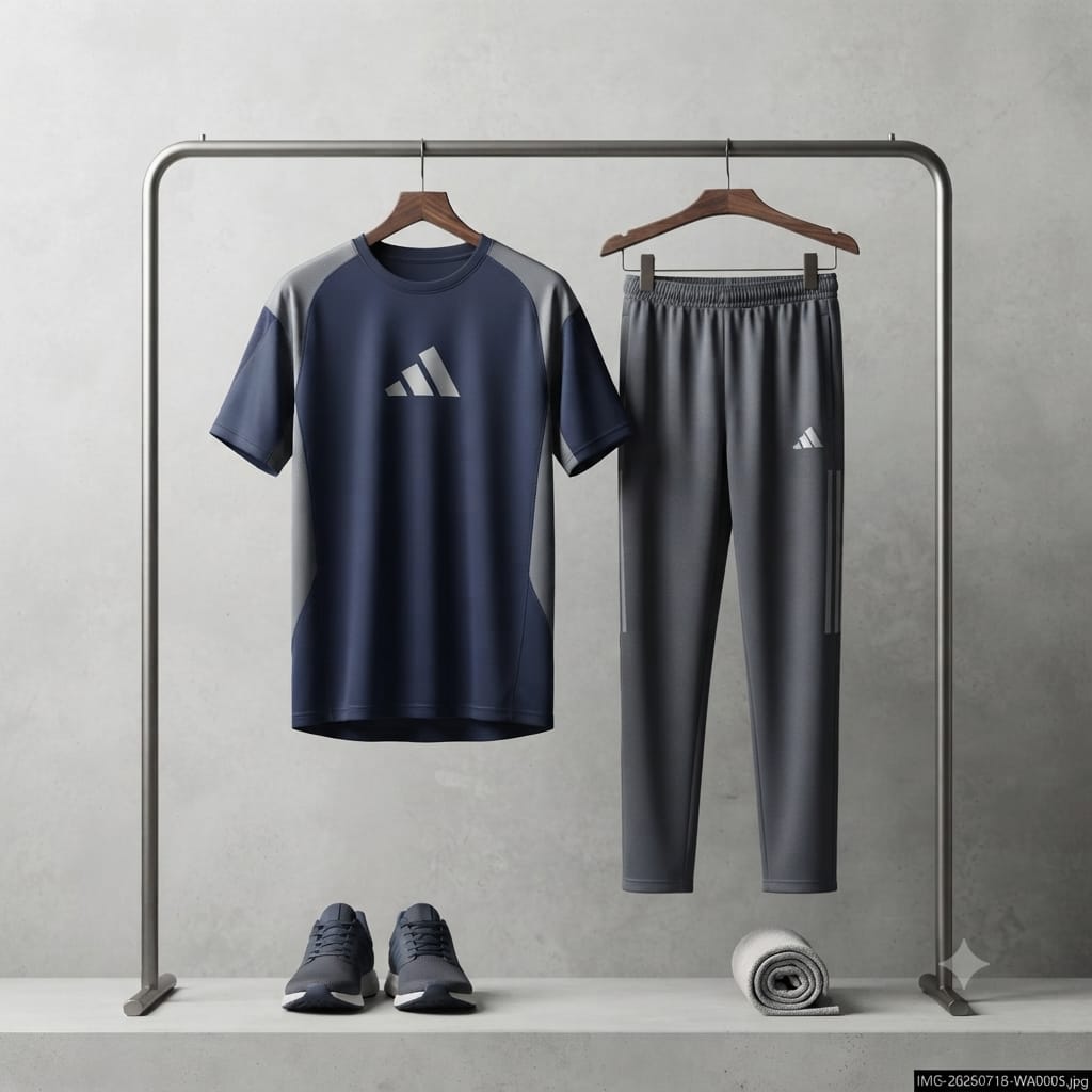 Men's Navy & Grey Colour Block Tracksuit Set — Raglan Sports Tee & Three-Stripe Jogger Pants