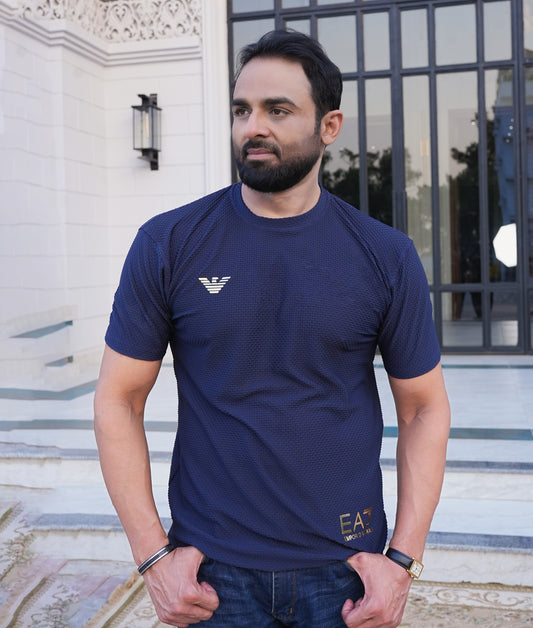 Men's Premium Textured Performance T-Shirt | Navy Blue | Gold Emblem | Crew Neck | Dry-Fit Fabric