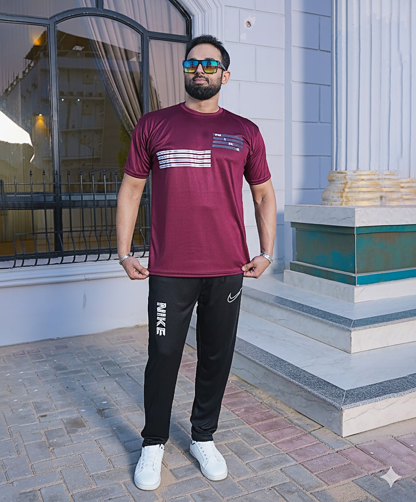 Men's Maroon Graphic Stripe Tracksuit Set — Dri-Fit Tee & Black Jogger Pants