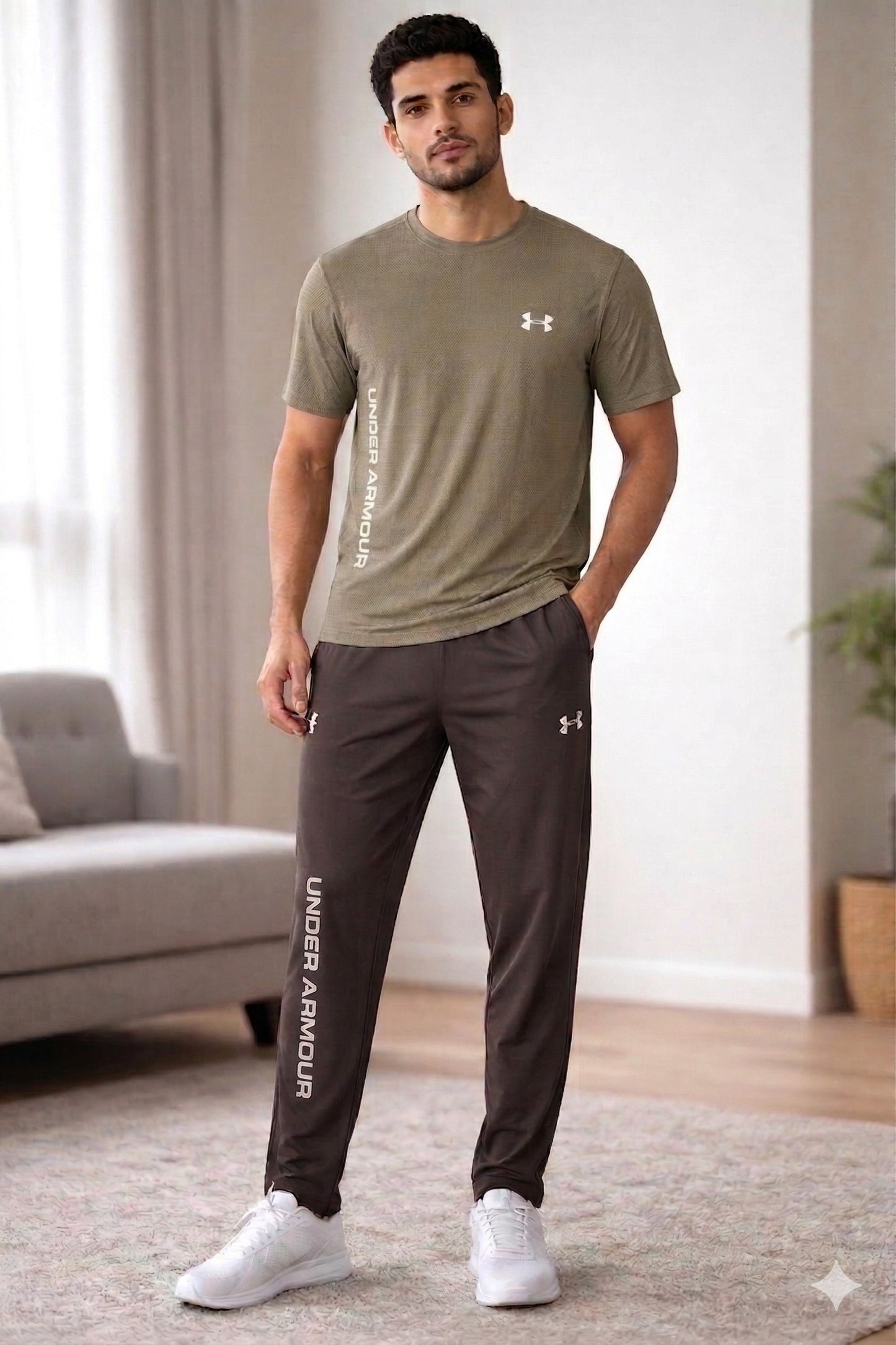Men's Premium Performance Tracksuit Set | Olive T-Shirt + Espresso Trouser | Dry-Fit Co-ord | 2-Piece Kit