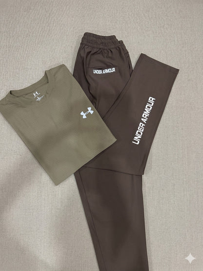 Men's Premium Performance Tracksuit Set | Olive T-Shirt + Espresso Trouser | Dry-Fit Co-ord | 2-Piece Kit